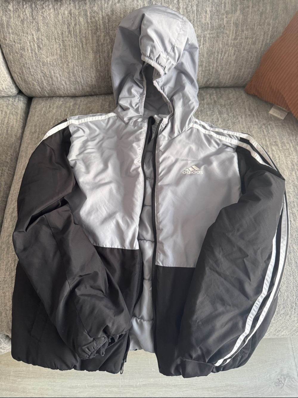 adidas Two-Tone Hooded Puffer Jacket in Light Gray & Black